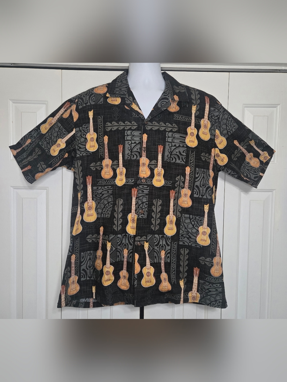 Pacific Legend Mens XL Shirt Ukulele Guitar Aloha Hawaiian Black Cotton USA Made